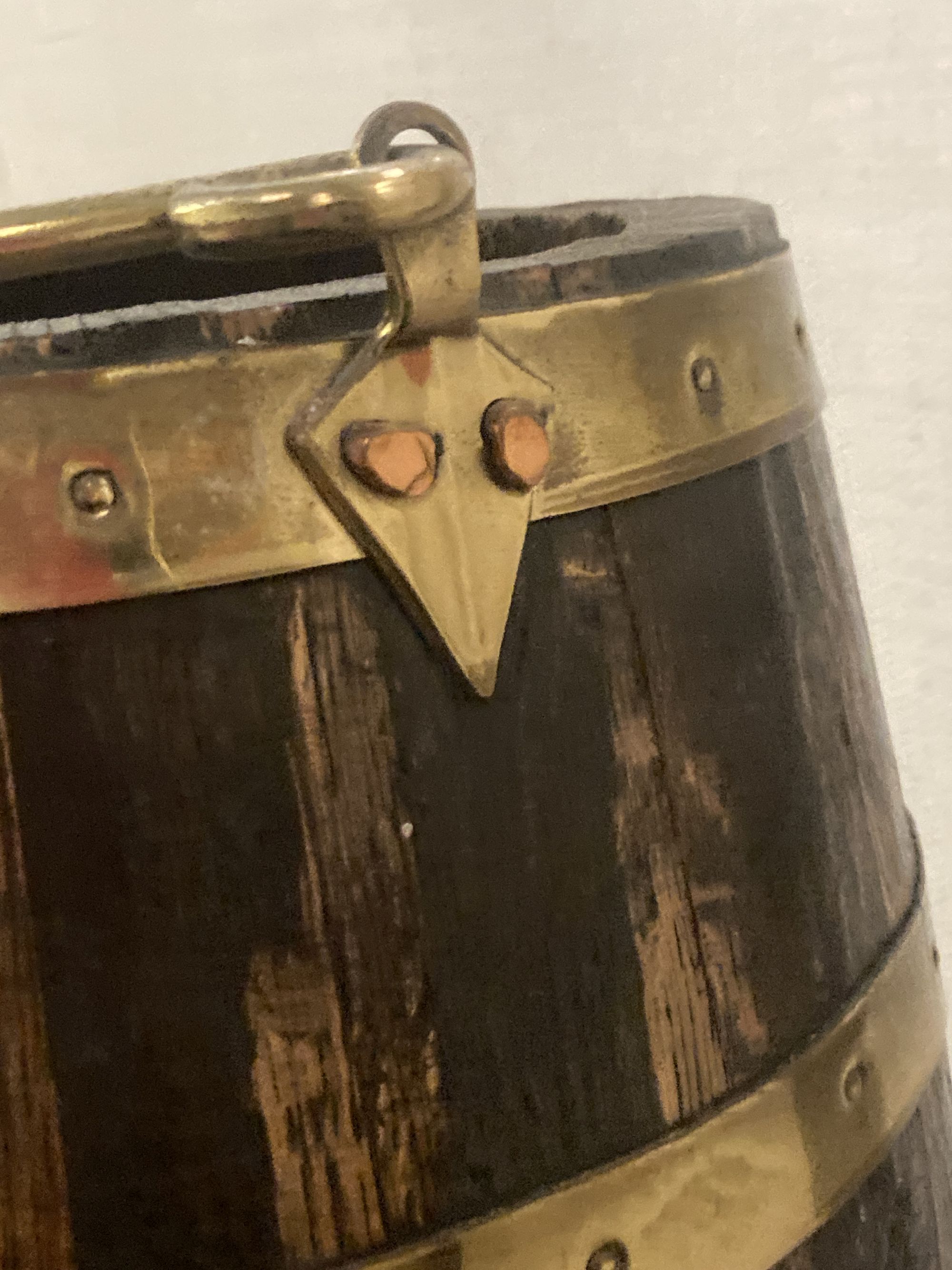 A brass bound staved wood bucket, diameter 26cm height 38cm